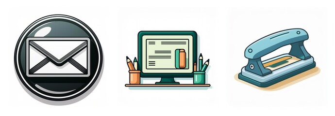 Poster - Illustration of email icon, computer monitor with stationery items, and a blue hole punch. Represents office or work related tools and communication.