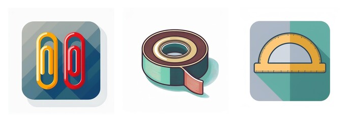 Poster - Three office icons: paperclips, tape roll, and protractor. Stationery items for organization, sticking, and measuring in school or office.