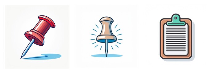 Poster - Three icons: a red pushpin, a wooden pushpin with light rays, and a clipboard with paper, all depicted in a simple, illustrative style. These represent office or stationery supplies.