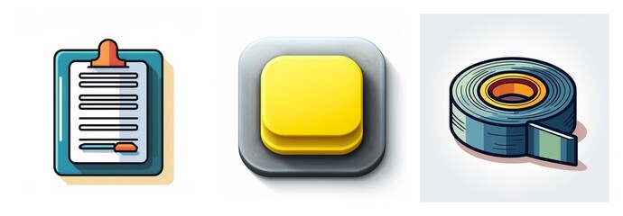 Poster - Three icons in vector style: a clipboard with paper and pen, a square yellow button, and a roll of blue adhesive tape.