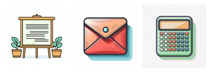 Leinwandbilder - Three office icons: a presentation board with plants, a closed envelope, and a calculator, representing communication, information, and calculation.