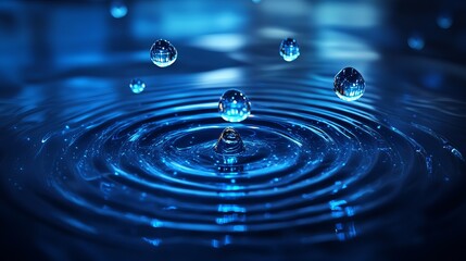 Poster - Stunning Blue Water Droplets Falling Creating Ripples Abstract Background Image Digital Art Nature Photography High Resolution Detailed Texture Deep  