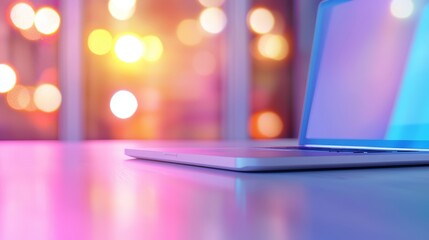 Poster - a sleek laptop sits on a desk, illuminated by vibrant, colorful lights, creating a modern and stylis