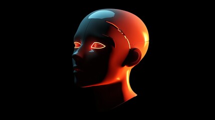 Poster - Futuristic Robotic Head Neon Orange Glowing Eyes Artificial Intelligence 3D Render Digital Art Modern Technology Abstract Design Cyberpunk Style      