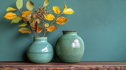 Poster - Autumnal branches in teal vases on wood, green wall