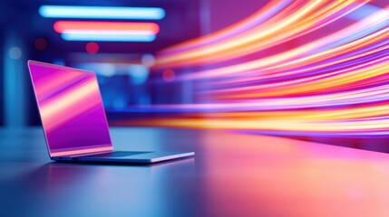 Fototapete - A sleek laptop sits on a table, with colorful light trails creating a dynamic, modern background, suggesting technology and speed.