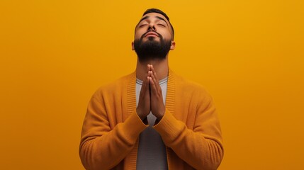 Poster - In a cozy indoor space, a Muslim man prays with deep focus and reverence, hands clasped together as he seeks connection and peace. The bright yellow wall enhances the atmosphere of tranquility