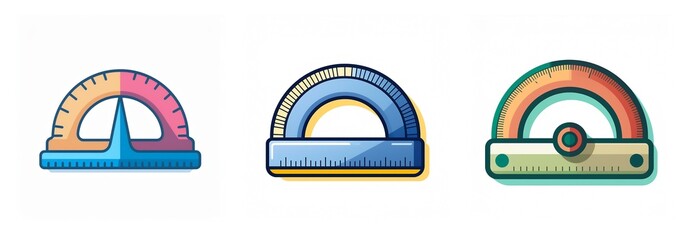 Poster - Three colorful protractors, each with a different design, are displayed. These semicircle-shaped tools are used for measuring angles, essential for geometry and drawing.