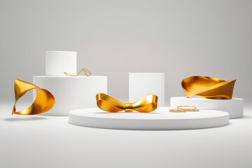 A modern collection of golden jewelry, including a stylish bow-shaped bracelet and matching rings, elegantly displayed on white cylindrical platforms