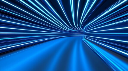 Fototapete - Abstract blue neon light tunnel. Futuristic technology background.