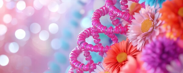 Poster - A vibrant, colorful arrangement of flowers and decorative elements against a soft, dreamy background, creating a whimsical and cheerful atmosphere.