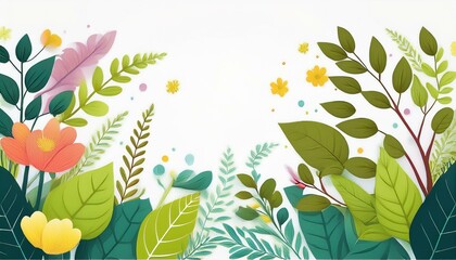 Wall Mural - spring or summer background with colorful green leaves and flowers on a white background spring  flat template for banner flyer wallpaper brochure greeting card cartoon  illustration