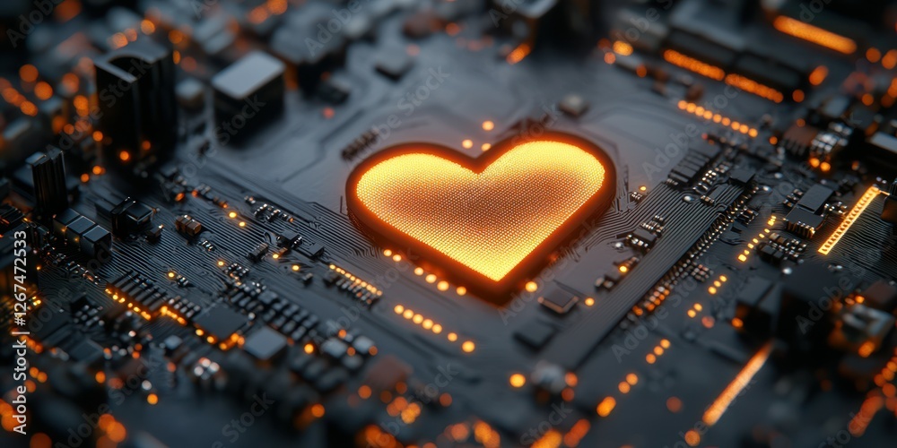 Heart symbol glowing on a circuit board background during late night ...