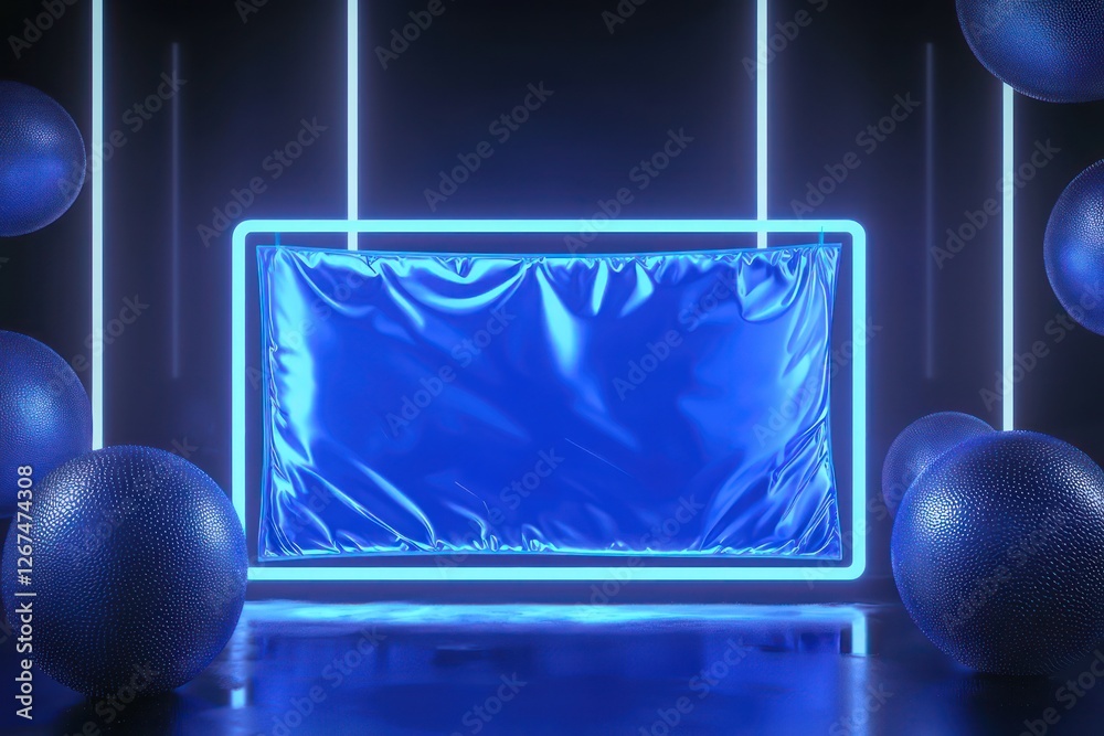 Torus shapes and spheres enhance a layered rectangular neon blue ...