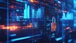 © Business Pics - Abstract internet safety and security interface with padlock and business charts on blurry blue background. Secure and cyber concept. 3D Rendering