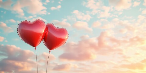 Wall Mural - Heart-shaped balloons float against a vibrant sky during sunset with clouds and warm colors