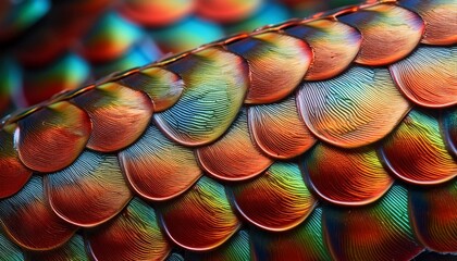 a close-up of colorful fish scales with a wet, reflective surface, showing an intricate overlapping 