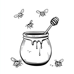 Poster - Honey pot with bees, dripping honey, white background, food illustration