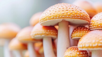 Wall Mural - A close-up view of vibrant mushrooms with orange caps and white stems, set against a soft, blurred background.