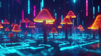 Poster - A vibrant digital landscape features glowing mushrooms against a backdrop of neon circuits and illuminated vertical lines.