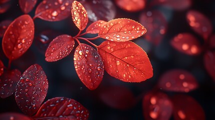 Poster - Dew-kissed red leaves, autumn garden, bokeh background, nature wallpaper