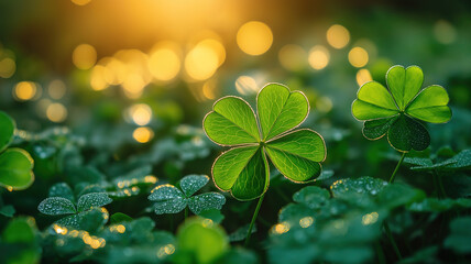 Wall Mural - natural spring background with green shamrocks and soft sunlight for st patrick's day