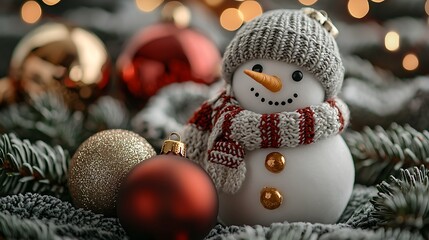 Poster - Festive snowman, Christmas ornaments, bokeh lights, cozy knit background, holiday card