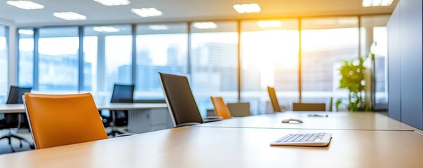 Poster - a modern office space with bright lighting, featuring a desk, computer, and plants, creating a produ