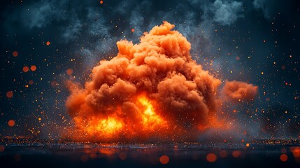 Wall Mural - Fiery explosion smoke cloud, dark background, sparks, fire, VFX