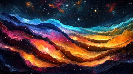colorful space mountains, night sky, nebula background, digital art