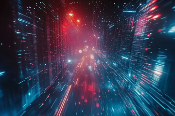 Fototapete -  bright blue and red cityscape with a lot of lights. The lights are scattered throughout the scene, creating a sense of movement and energy. Scene is one of excitement and wonder