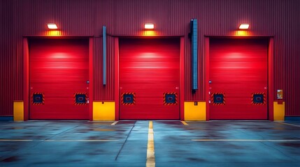 Wall Mural - three red garage doors are lit up with yellow stripes