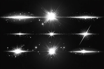 Poster - set of bright, white, star-like lights are arranged in a row. The lights are evenly spaced and appear to be shining brightly. Scene is one of excitement and energy