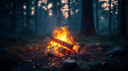 Canvas Print - Forest campfire burning brightly at dusk, nature background, camping scene