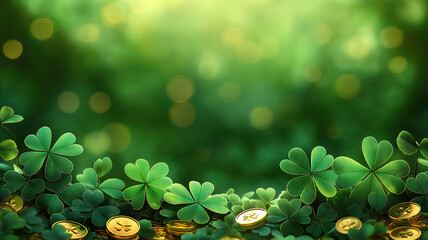 Wall Mural - horizontal banner for saint patrick's day featuring clover leaves and golden coins on green