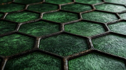 Canvas Print - Green hexagons metal grid texture background