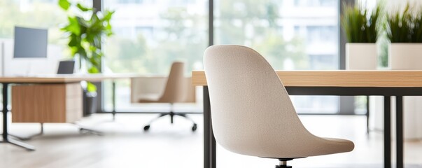 Poster - a modern office space featuring a stylish chair and a bright, airy atmosphere with plants and a larg