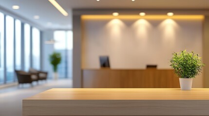 Poster - a modern office reception area features a wooden counter, potted plant, and large windows, creating 