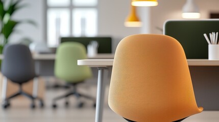 Poster - a modern office space featuring colorful chairs, bright lighting, and a clean, organized workspace.