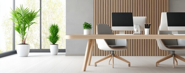 Poster - a modern office interior featuring a large wooden table, ergonomic chairs, potted plants, and dual c