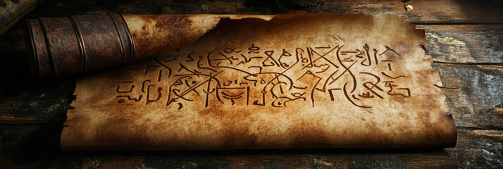 Ancient script on weathered parchment reveals secrets of a lost civilization in dim light