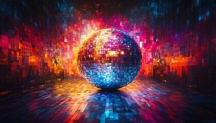 Poster - Disco ball at the center made up of tiny colorful tiles, emitting radiant light, digital art, dynamic background, 8K resolution