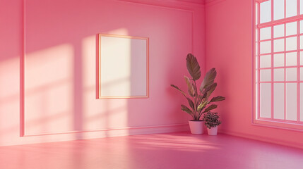Poster - Bright and inviting pink interior with a blank frame and lush plant in a serene space perfect for artistic inspiration