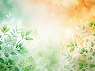 Wall Mural - Minimalist spring artwork: serene watercolor gradient of green, orange, and white leaves.