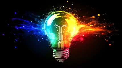 Canvas Print - Light bulb symbolizing creativity, glowing with bright, vivid colors, abstract thought patterns, sparks of innovation, and modern design aesthetics in a digital world