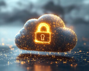 Poster - A golden lock on a white cloud, symbolizing secure data protection, glowing encryption, cloud technology, digital safety, and a futuristic security concept