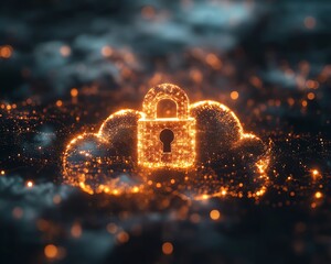 Poster - A golden lock on a white cloud, symbolizing secure data protection, glowing encryption, cloud technology, digital safety, and a futuristic security concept