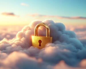 Poster - a golden lock placed on a soft white cloud, symbolizing robust data security, glowing encryption pro
