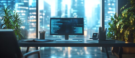 Poster - AIenhanced futuristic office, digital assistants, smart workspace, holographic displays, automated systems, seamless integration of advanced technology, and sleek modern design