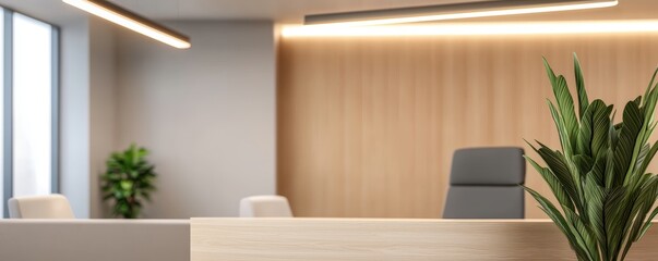 Poster - a modern office reception area featuring a sleek wooden desk, comfortable seating, and a green plant